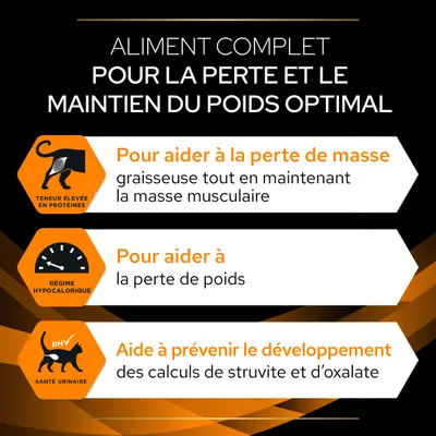 Aliment complet pour la perte et le maintien du poids optimal, aide à la perte de masse graisseuse, perte de poids, prévention des calculs de struvite et d’oxalate. Texte en fr_BE.