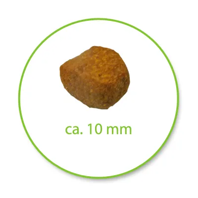 Гранула с приблизителен размер 10 мм, показана в кръг с надпис „ca. 10 mm“ под нея.