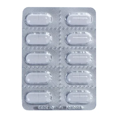 Blisterverpakking met 10 ovale tabletten, geen merknaam of productinformatie zichtbaar.