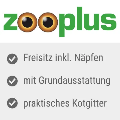 Zooplus: Freisitz inkl. Näpfen, mit Grundausstattung, praktisches Kotgitter.