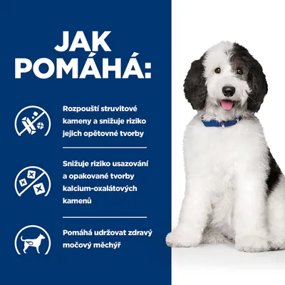 Text v češtine: Jak pomáhá: Rozpouští struvitové kameny a snižuje riziko jejich opětovné tvorby. Snižuje riziko usazování a opakované tvorby kalcium-oxalátových kamenů. Pomáhá udržovat zdravý močový měchýř.