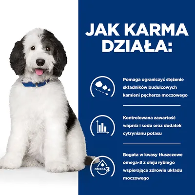Jak karma działa: pomaga ograniczyć stężenie składników kamieni pęcherza moczowego, kontrolowana zawartość wapnia i sodu, bogata w omega-3 wspierające zdrowie układu moczowego.