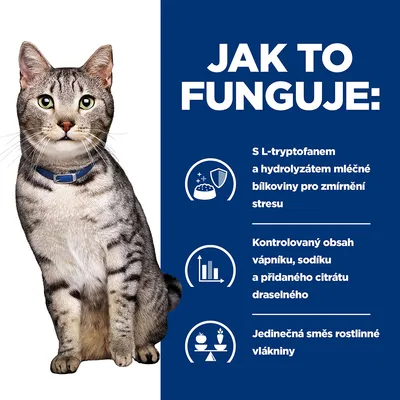 Text v češtine: Jak to funguje: S L-tryptofanem a hydrolyzátem mléčné bílkoviny pro zmírnění stresu, kontrolovaný obsah vápníku, sodíku a citrátu draselného, jedinečná směs rostlinné vlákniny.
