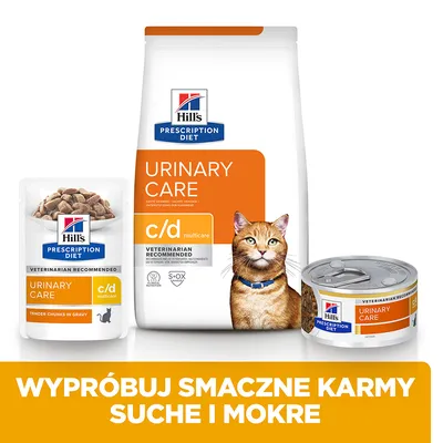 Hill's Prescription Diet Urinary Care c/d multicare dla kotów: opakowanie suchej karmy, saszetka mokrej karmy, puszka. Widoczny napis: Wypróbuj smaczne karmy suche i mokre.