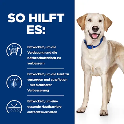 So hilft es: Verbesserung der Verdauung und Kotbeschaffenheit, Pflege und sichtbare Verbesserung der Haut, Aufrechterhaltung einer gesunden Hautbarriere.