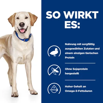 So wirkt es: Nahrung mit sorgfältig ausgewählten Zutaten und einem einzigen tierischen Protein, ohne Sojaprotein hergestellt, hoher Gehalt an Omega-3-Fettsäuren.