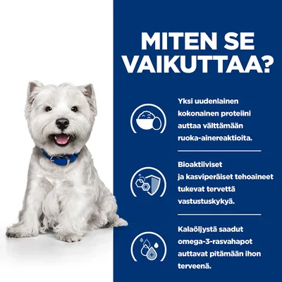 MITEN SE VAIKUTTAA? Yksi uudenlainen kokonainen proteiini auttaa välttämään ruoka-aine­reaktioita. Bioaktiiviset ja kasvipohjaiset tehoaineet tukevat vastustuskykyä. Kalaöljyn omega-3 ylläpitää ihoa.