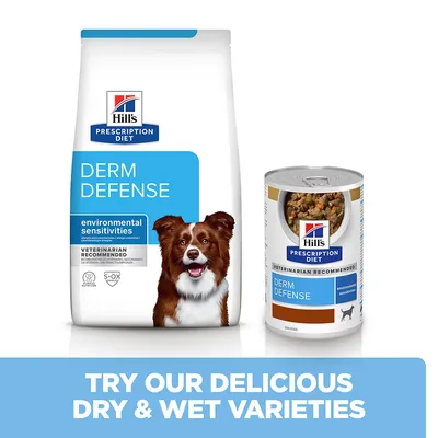 Hill's Prescription Diet Derm Defense dry and wet food for environmental sensitivities. Text: Try our delicious dry & wet varieties.