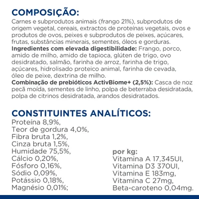 Composição: carnes e subprodutos animais (frango 21%), vegetais, cereais, ovos, peixes, frutas, sementes. Constituintes analíticos: proteína 8,9 %, gordura 4 %, fibra 1,2 %, humidade 75,5 %.