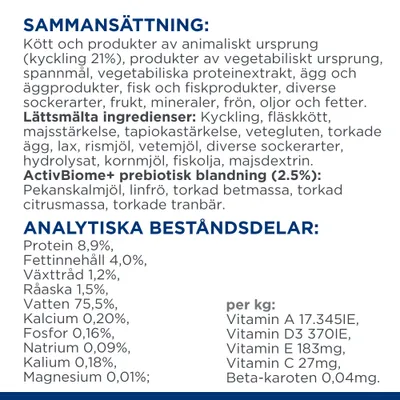 Sammansättning: kött, kyckling 21 %, vegetabiliska produkter, spannmål, ägg, fisk, mineraler. Analytiska beståndsdelar: protein 8,9 %, fett 4,0 %, vatten 75,5 %, vitaminer och mineraler.