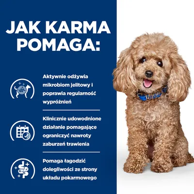Jak karma pomaga: aktywnie odżywia mikrobiom jelitowy, poprawia regularność wypróżnień, klinicznie udowodnione działanie na zaburzenia trawienia, łagodzi dolegliwości układu pokarmowego.