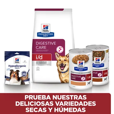 Hills Prescription Diet Digestive Care i/d pentru câini, pachet hrană uscată, două conserve și recompense Hypoallergenic Treats. Text în spaniolă: PRUEBA NUESTRAS DELICIOSAS VARIEDADES SECAS Y HÚMEDAS.