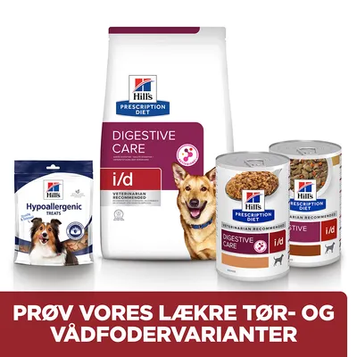 Hill's Prescription Diet Digestive Care i/d tørfoder, vådfoder og Hypoallergenic Treats til hund. Tekst: PRØV VORES LÆKRE TØR- OG VÅDFODERVARIANTER.