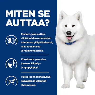 MITEN SE AUTTAA? Ravinto, joka auttaa elintärkeiden munuaisten toiminnan ylläpitämisessä, lisää ruokahalua ja ravinnonsaantia. Koostumus parantaa juoksu-, kiipeily- ja hyppykykyä. Tukee luonnollista kykyä kasvattaa ja ylläpitää lihasmassaa.