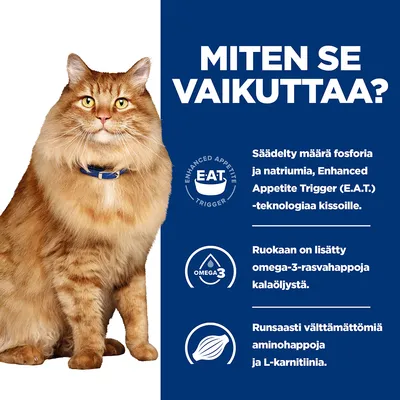 MITEN SE VAIKUTTAA? Säädelty määrä fosforia ja natriumia, Enhanced Appetite Trigger (E.A.T.) -teknologiaa kissoille. Lisätty omega-3-rasvahappoja kalaöljystä, runsaasti aminohappoja ja L-karnitiinia.