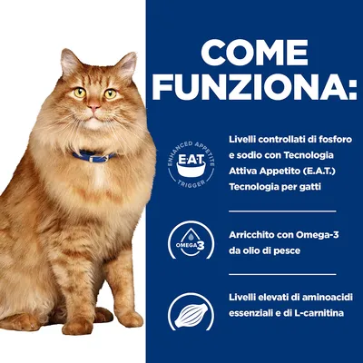 COME FUNZIONA: Livelli controllati di fosforo e sodio con Tecnologia Attiva Appetito (E.A.T.) per gatti, arricchito con Omega-3 da olio di pesce, alti aminoacidi essenziali e L-carnitina.