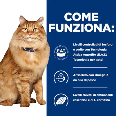 COME FUNZIONA: Livelli controllati di fosforo e sodio con Tecnologia Attiva Appetito (E.A.T.), arricchito con Omega-3 da olio di pesce, alti aminoacidi essenziali e L-carnitina.