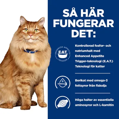 Så här fungerar det: Kontrollerad fosfor- och natriumhalt med Enhanced Appetite Trigger-teknologi (E.A.T.) för katter, berikat med omega-3 fettsyror från fiskolja, höga halter av essentiella aminosyror och L-karnitin.
