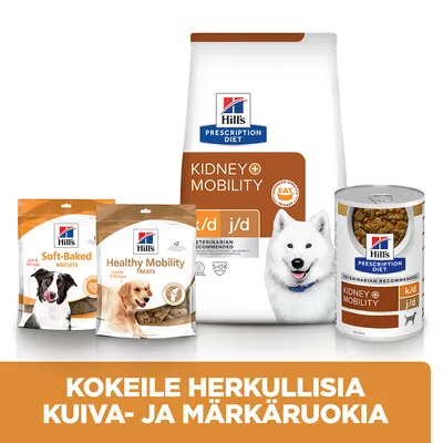 Hill's Prescription Diet Kidney + Mobility k/d j/d koiran kuivaruoka, märkäruoka ja herkut. Teksti: Kokeile herkullisia kuiva- ja märkäruokia.