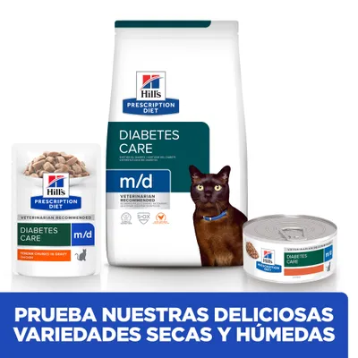 Hill's Prescription Diet Diabetes Care m/d para gatos, variedades seca y húmeda. Texto: Prueba nuestras deliciosas variedades secas y húmedas.