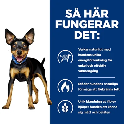 Så här fungerar det: Verkar naturligt med hundens unika energiförbrukning för enkel och effektiv viktnedgång. Stöder hundens naturliga förmåga att förbränna fett. Unik blandning av fibrer hjälper hunden att känna sig mätt och belåten.