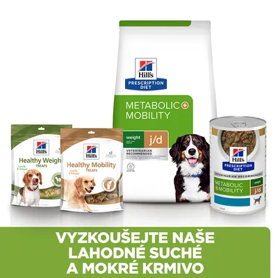 Hill's Prescription Diet Metabolic + Mobility suché a mokré krmivo, Healthy Weight Treats, Healthy Mobility Treats. Text: VYZKOUŠEJTE NAŠE LAHODNÉ SUCHÉ A MOKRÉ KRMIVO.