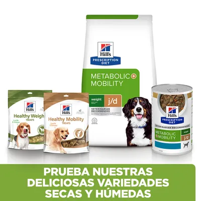 Hill's Prescription Diet Metabolic + Mobility, Healthy Weight Treats y Healthy Mobility Treats. Texto: Prueba nuestras deliciosas variedades secas y húmedas.