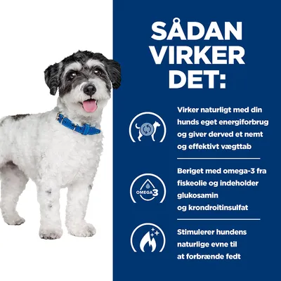 SÅDAN VIRKER DET: Virker naturligt med din hunds eget energiforbrug og giver derved et nemt og effektivt vægttab. Beriget med omega-3 fra fiskeolie og indeholder glukosamin og kondroitinsulfat. Stimulerer hundens naturlige evne til at forbrænde fedt.