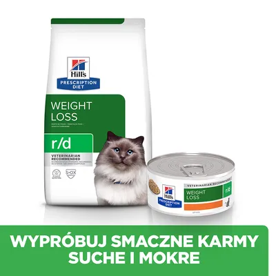 Hill's Prescription Diet Weight Loss r/d karma sucha i mokra dla kotów, opakowanie oraz puszka z widocznym kotem. Napis: Wypróbuj smaczne karmy suche i mokre.