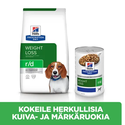 Hill's Prescription Diet Weight Loss r/d -kuivaruoka ja märkäruokapurkki koirille. Teksti: Kokeile herkullisia kuiva- ja märkäruokia.