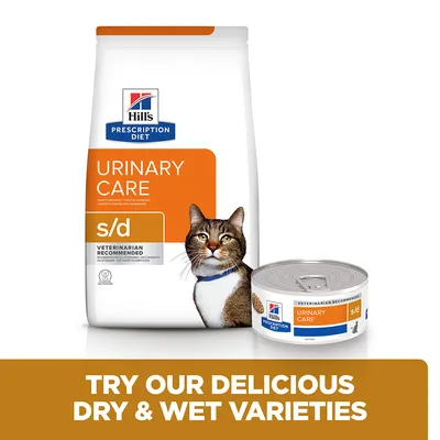 Hill's Prescription Diet Urinary Care s/d dry food bag and wet food tin with text: Try our delicious dry and wet varieties. Veterinarian recommended.