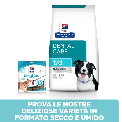 Hill's Prescription Diet Dental Care t/d e Dental Care Chews per cani, confezioni visibili. Testo: Prova le nostre deliziose varietà in formato secco e umido.