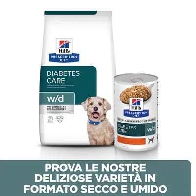 Hill's Prescription Diet Diabetes Care w/d per cani, confezione di crocchette e lattina di alimento umido. Testo: Prova le nostre deliziose varietà in formato secco e umido.