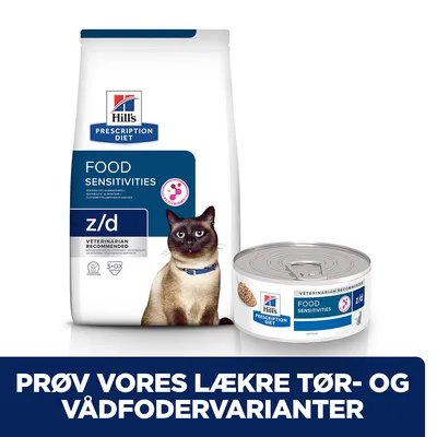 Hill's Prescription Diet Food Sensitivities z/d tørfoder og vådfoder til kat, tekst: PRØV VORES LÆKRE TØR- OG VÅDFODERVARIANTER. Kat afbildet på emballagen.