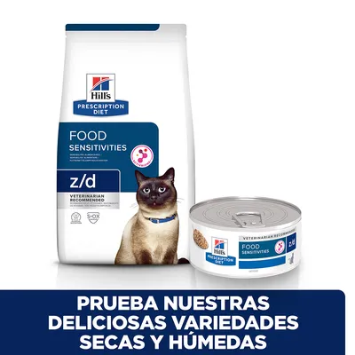 Hill's Prescription Diet Food Sensitivities z/d para gatos, pienso y lata húmeda. Texto: Prueba nuestras deliciosas variedades secas y húmedas.