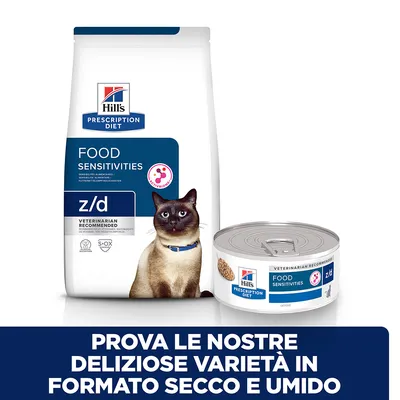 Hill's Prescription Diet Food Sensitivities z/d per gatti, confezione secca e lattina umida. Testo: Prova le nostre deliziose varietà in formato secco e umido.