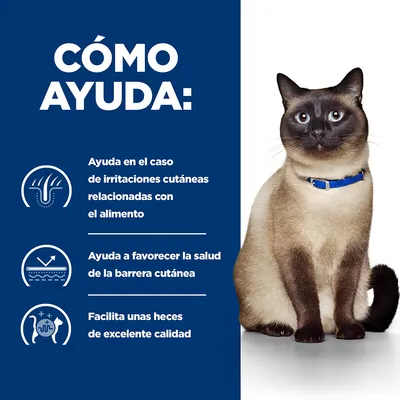Texto: Cómo ayuda. Ayuda en el caso de irritaciones cutáneas relacionadas con el alimento. Ayuda a favorecer la salud de la barrera cutánea. Facilita unas heces de excelente calidad.