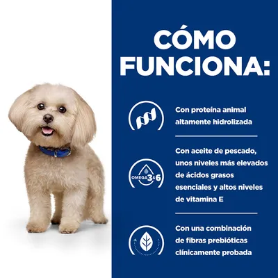 CÓMO FUNCIONA: con proteína animal altamente hidrolizada, aceite de pescado con ácidos grasos esenciales y vitamina E, combinación de fibras prebióticas clínicamente probada.