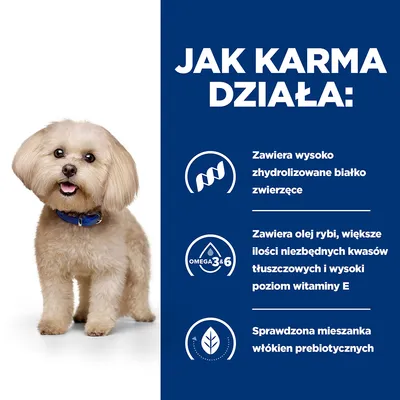 Jak karma działa: zawiera wysoko zhydrolizowane białko zwierzęce, olej rybi, większe ilości niezbędnych kwasów tłuszczowych i witaminy E, sprawdzona mieszanka włókien prebiotycznych.