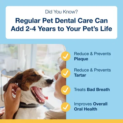 Regular pet dental care can add 2-4 years to your pet’s life. Reduces and prevents plaque and tartar, treats bad breath, improves overall oral health.