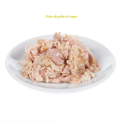 Petto di pollo & tonno, carne sminuzzata su piatto bianco. Testo visibile: Petto di pollo & tonno.