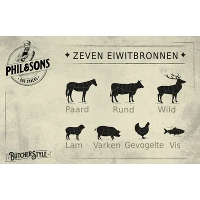 Phil & Sons Dog Snacks, zeven eiwitbronnen: paard, rund, wild, lam, varken, gevogelte, vis. Butcher Style. Phil & Sons Dog Snacks, zeven eiwitbronnen: paard, rund, wild, lam, varken, gevogelte, vis. Butcher Style.