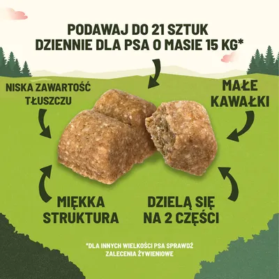 Podawaj do 21 sztuk dziennie dla psa o masie 15 kg. Niska zawartość tłuszczu, miękka struktura, małe kawałki, dzielą się na 2 części. Sprawdź zalecenia żywieniowe dla innych wag.