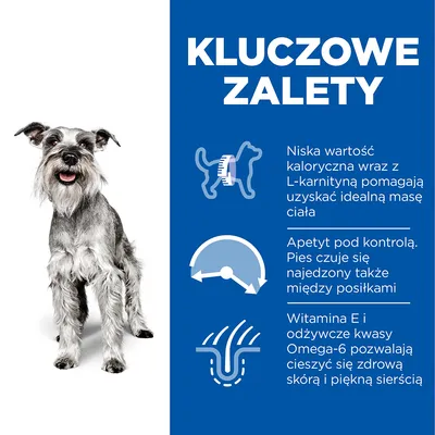 Kluczowe zalety: niska wartość kaloryczna z L-karnityną, kontrola apetytu, witamina E i kwasy Omega-6 dla zdrowej skóry i sierści. Tekst w języku polskim.