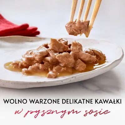 Wolno warzone delikatne kawałki w pysznym sosie – widoczne kawałki mięsa na białym talerzu z sosem, tekst na dole obrazu.