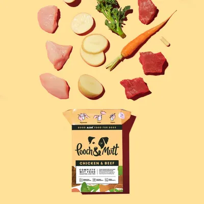 Chicken, beef, potato, carrot, broccoli and a supplement tablet shown above a pack of complete wet food labelled chicken and beef with usage instructions: squeeze, tear, open.