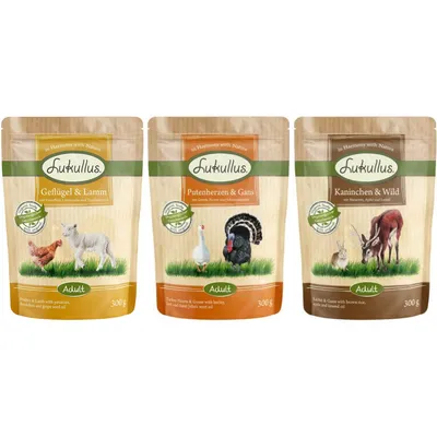 Lukullus Nassfutter für Hunde, Sorten: Geflügel & Lamm, Putenherzen & Gans, Kaninchen & Wild. Packungsgrösse je 300g, Adult. Mit natürlichen Zutaten und ohne künstliche Zusätze.
