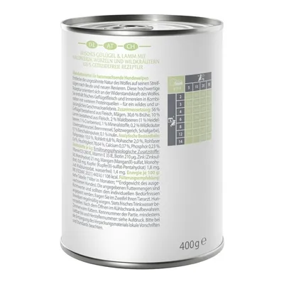 Can with fresh poultry & lamb, forest berries, roots and wild herbs. 100% grain-free recipe. Feeding table for growing puppies visible. Weight: 400g.