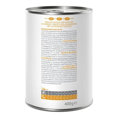 Can with label: Fresh poultry and chicken with forest berries, roots and wild herbs. 100% grain-free recipe. Feeding recommendation for senior dogs visible. Content: 400g.