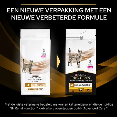 Vergelijking oude en nieuwe verpakking Purina Pro Plan Veterinary Diets NF Renal Function kattenvoer, met tekst: 'Een nieuwe verpakking met een nieuwe verbeterde formule'.